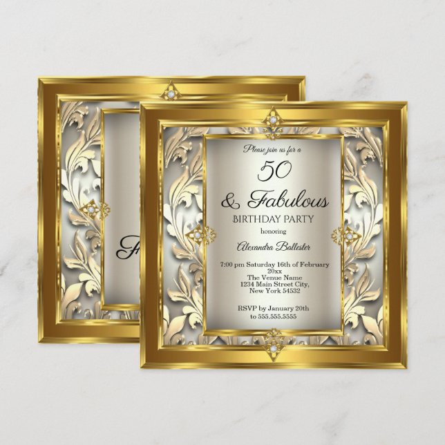 Fantastiska 50 Cream Gold blomsterdamast Födelseda Inbjudningar (Fram/baksida)