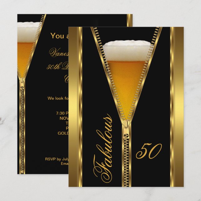 Fantastiska 50 Elegant Dragkedja Guld Öl Dricka Inbjudningar (Fram/baksida)