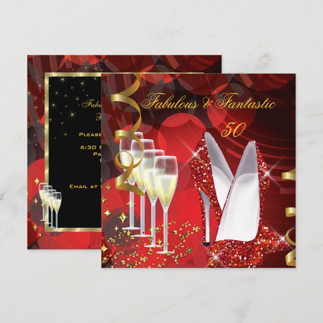 Fantastiska 50 Fantastisk Champagne Röd Guld Födel Inbjudningar (Fram/baksida)
