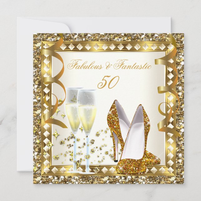 Fantastiska 50 & Fantastisk Cream Gold Glam Födels Inbjudningar (Framsida)