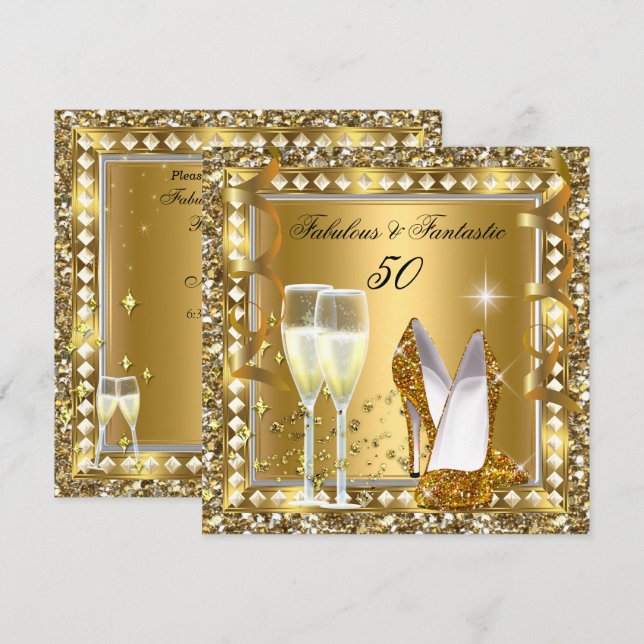 Fantastiska 50 & Fantastisk Guld Glam Silver Födel Inbjudningar (Fram/baksida)
