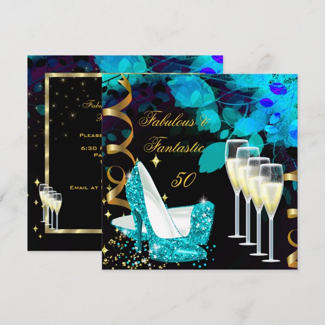 Fantastiska 50 Fantastisk Teal Guld Champagne Föde Inbjudningar (Fram/baksida)
