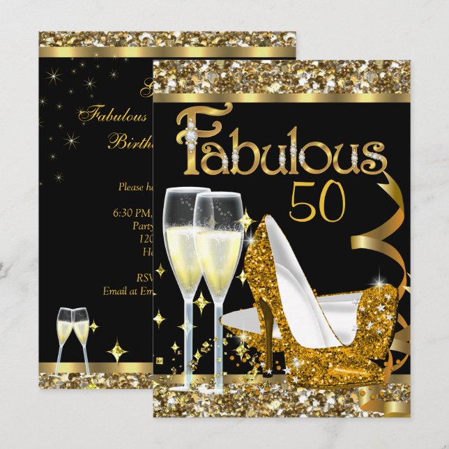Fantastiska 50 fantastiska födelsedagsfest guld sv inbjudningar (Fram/baksida)