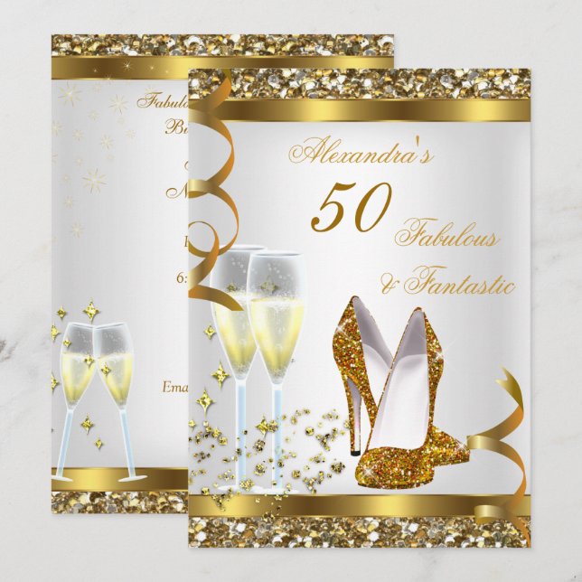 Fantastiska 50 fantastiska gyllene klackar födelse inbjudningar (Fram/baksida)