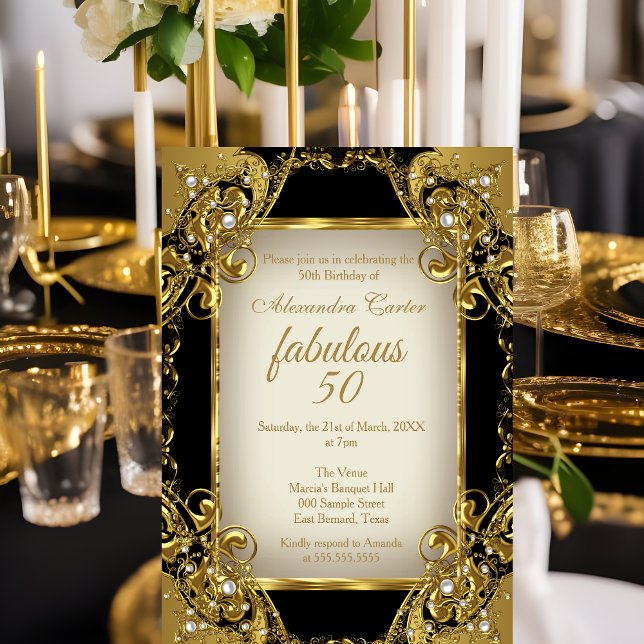 Fantastiska 50 Foto svart beige Guld Pärl Party Inbjudningar (Skapare uppladdad)