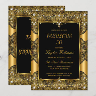 Fantastiska 50 Glamour Svart Spets Pärl Guld Inbjudningar
