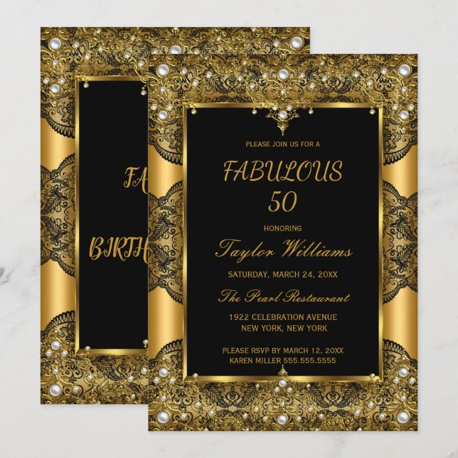 Fantastiska 50 Glamour Svart Spets Pärl Guld Inbjudningar (Fram/baksida)