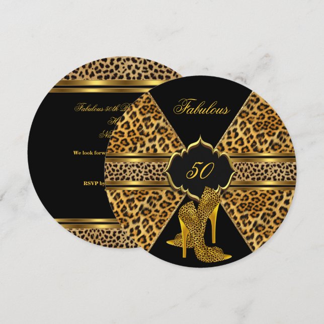 Fantastiska 50 Gold Black Leopard Hi-klackar Födel Inbjudningar (Fram/baksida)