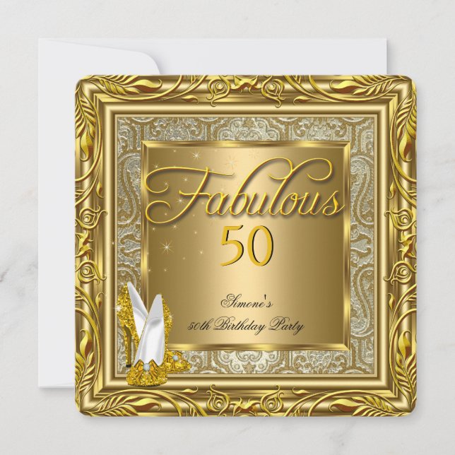 Fantastiska 50-guld Damask-högklackade födelsedags Inbjudningar (Framsida)
