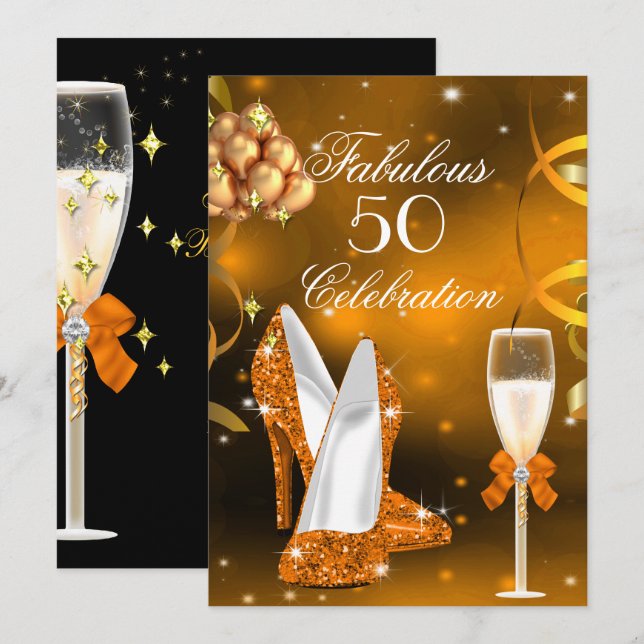 Fantastiska 50-guld orange högklackade champagnefi inbjudningar (Fram/baksida)