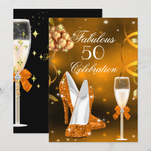 Fantastiska 50-guld orange högklackade champagnefi inbjudningar