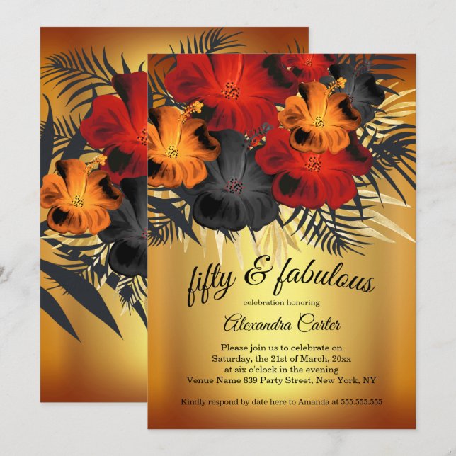 Fantastiska 50-guld röda orange svarta Hibiskus-fe Inbjudningar (Fram/baksida)