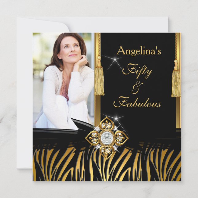Fantastiska 50 Guld Svart Zebra Foto Födelsedagsfe Inbjudningar (Framsida)