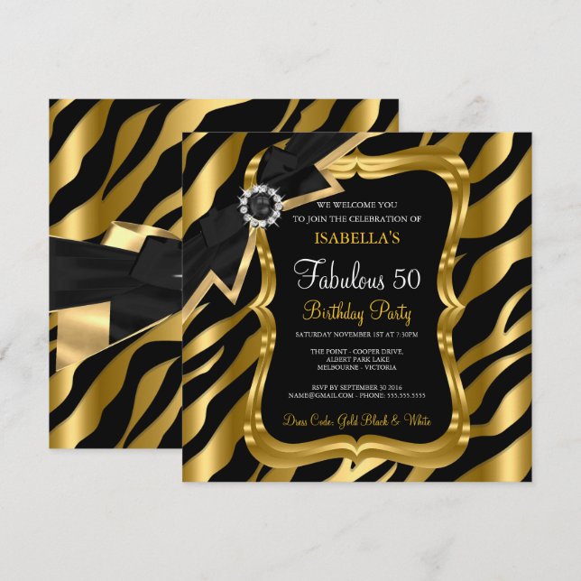 Fantastiska 50 Pearl Guld Bow Svart Zebra Inbjudan (Fram/baksida)