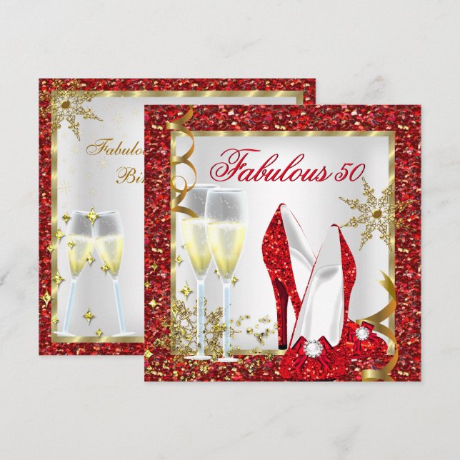 Fantastiska 50 röda glitter guld födelsedagsfest inbjudningar (Fram/baksida)