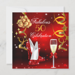 Fantastiska 50 röda guld högklackade champagnefira inbjudningar