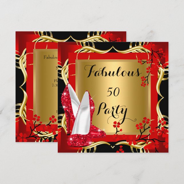 Fantastiska 50 röda högklackade blommor svart guld inbjudningar (Fram/baksida)