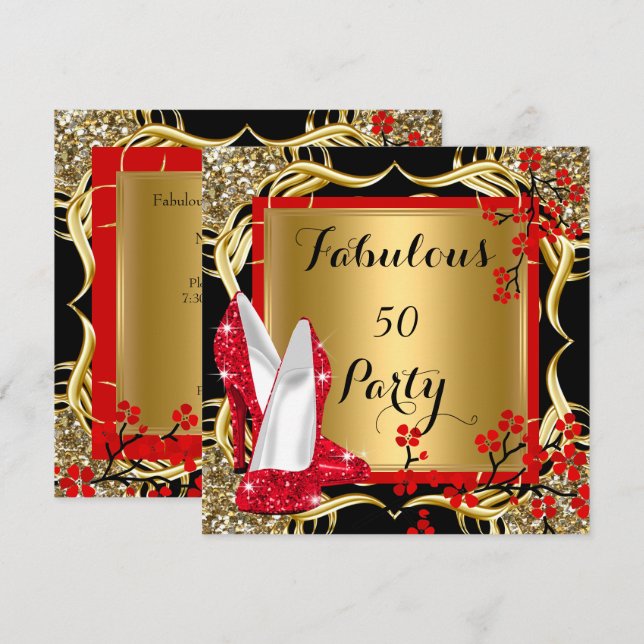 Fantastiska 50 röda klackar blommar svart glitter  inbjudningar (Fram/baksida)