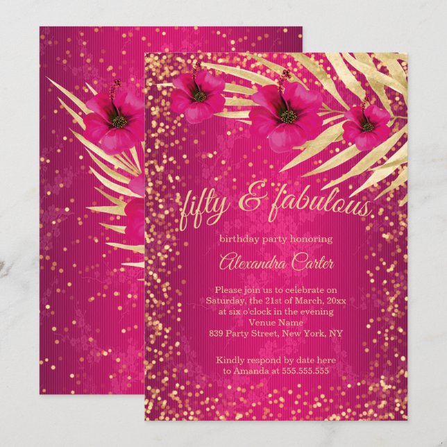 Fantastiska 50 Rosa Guld Glitter Blommig Födelseda Inbjudningar (Fram/baksida)