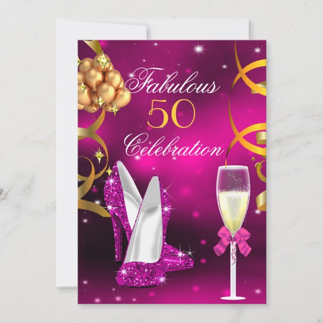 Fantastiska 50 Rosa Guld Klackar Champagne Firande Inbjudningar (Framsida)