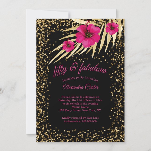 Fantastiska 50 Rosa Svart Guld Glitter Födelsedag Inbjudningar (Framsida)
