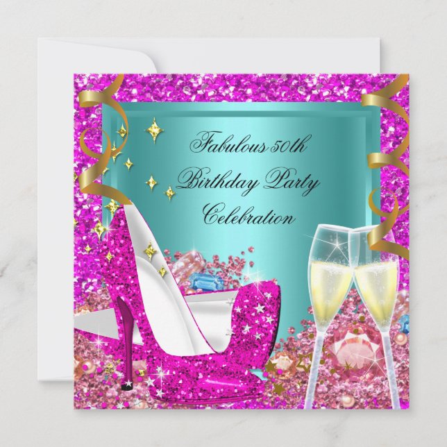 Fantastiska 50 Rosa Teal Glitter Höga Klackar Föde Inbjudningar (Framsida)