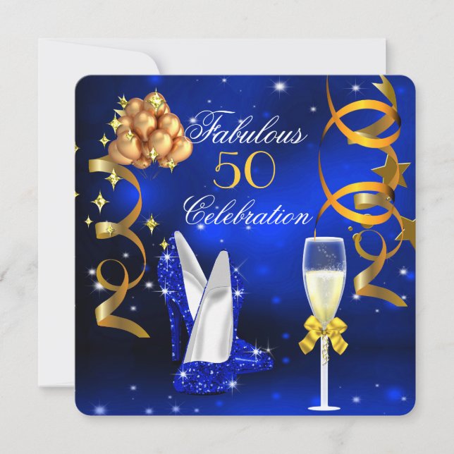 Fantastiska 50 Royal Blue Guldklackar Champagnefes Inbjudningar (Framsida)