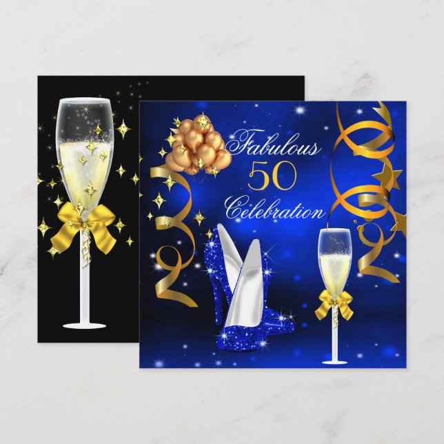 Fantastiska 50 Royal Blue Guldklackar Champagnefir Inbjudningar (Fram/baksida)