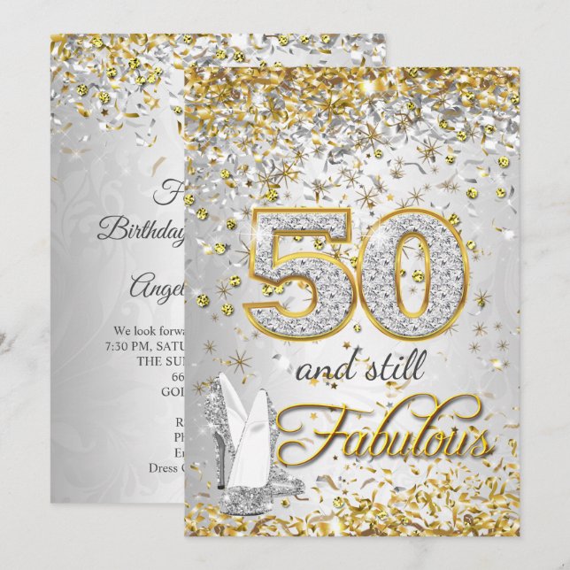 Fantastiska 50 Silver guld Höga klackar fest Inbjudningar (Fram/baksida)