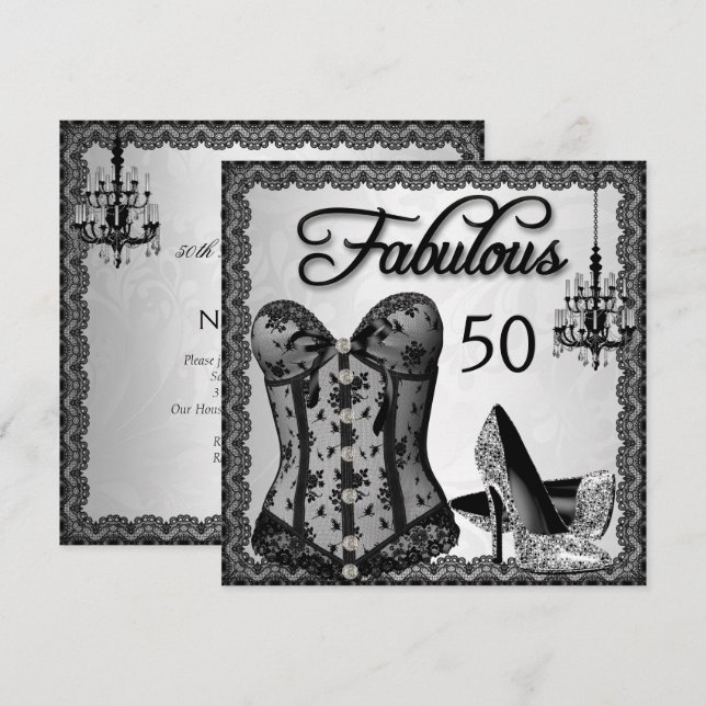 Fantastiska 50 Svarta Silverkorsett Höga Klackar P Inbjudningar (Fram/baksida)