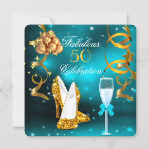 Fantastiska 50 Teal Guld Höga Klackar Champagne Fi Inbjudningar