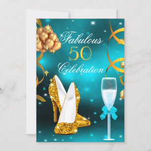 Fantastiska 50 Teal Guld Höga Klackar Champagne Fi Inbjudningar