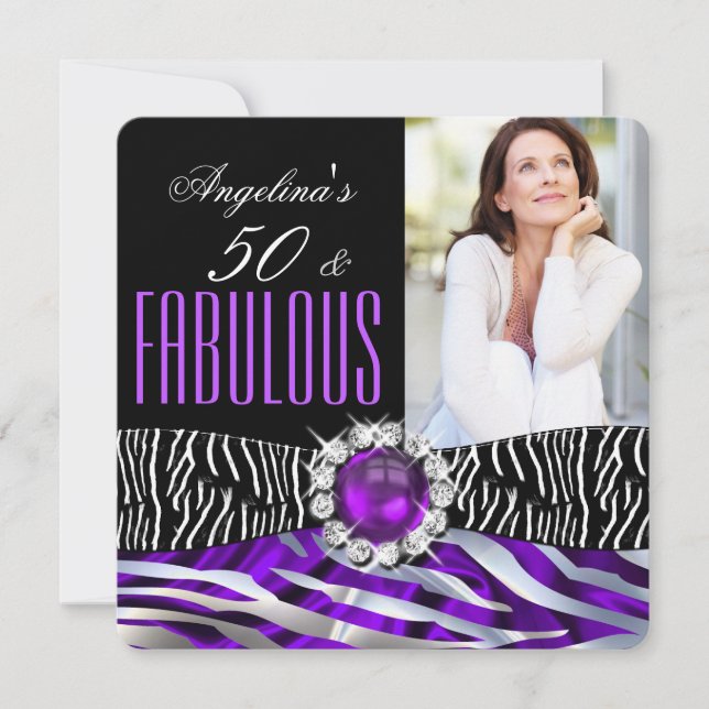 Fantastiska 50 Zebra Lila Siden Silver Födelsedag Inbjudningar (Framsida)
