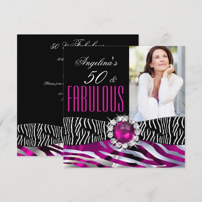Fantastiska 50 Zebrar Svarta Rosa Silver Födelseda Inbjudningar (Fram/baksida)