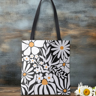 Fantastiska blommor i svart och vitt abstrakt tygkasse