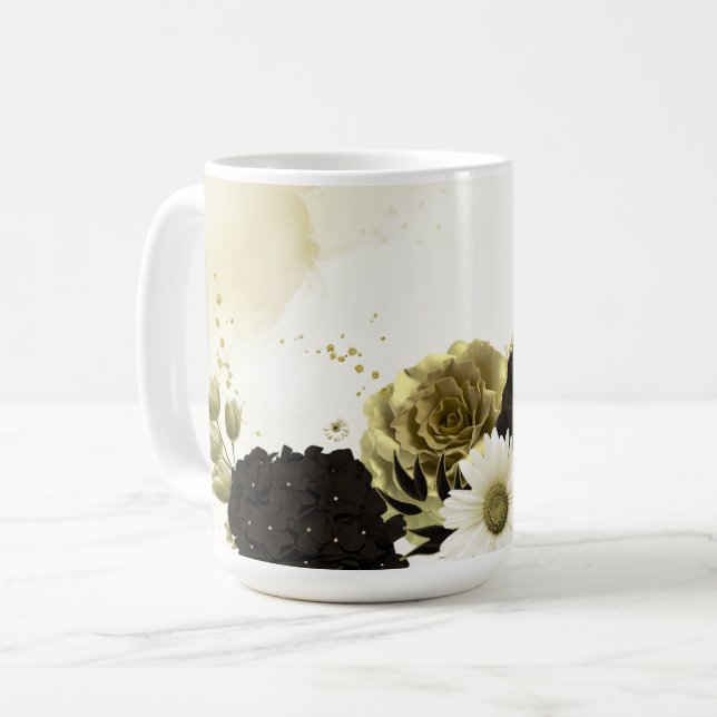 Fantastiska bruna elfenbensgula blommor bröllop kaffemugg (Framsida vänster)