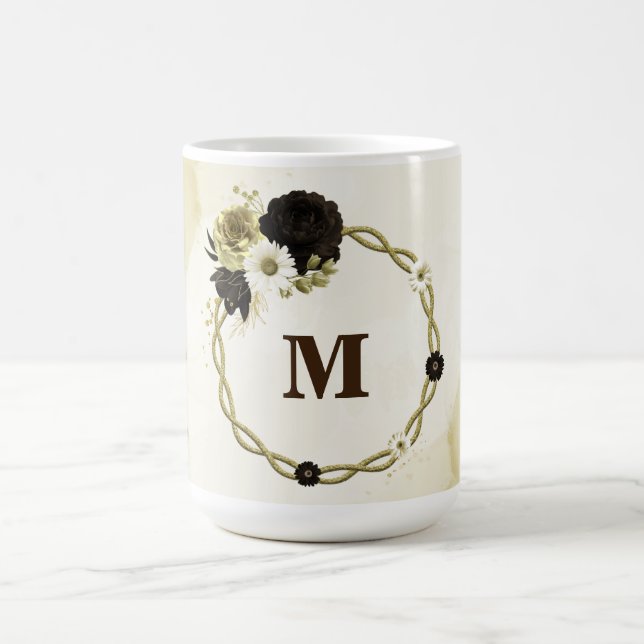 Fantastiska bruna elfenbensgula blommor monogram kaffemugg (Center)