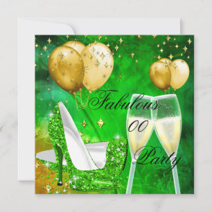 Fantastiska Champagne Födelsedags-hälar Grön Guld Inbjudningar