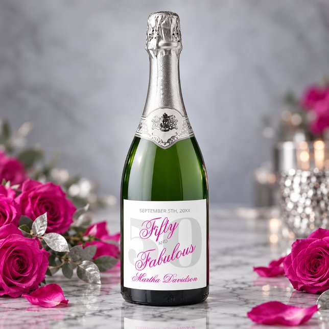 Fantastiska Femtio i het rosa (Fabulous Fifty in Hot Pink Sparkling Wine Label)