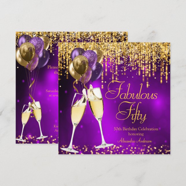 Fantastiska Femtio Lila Glitter Guld Champagne SQ Inbjudningar (Fram/baksida)