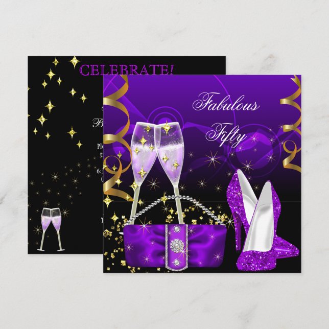 Fantastiska femtio lila glitter höga klackar fest inbjudningar (Fram/baksida)