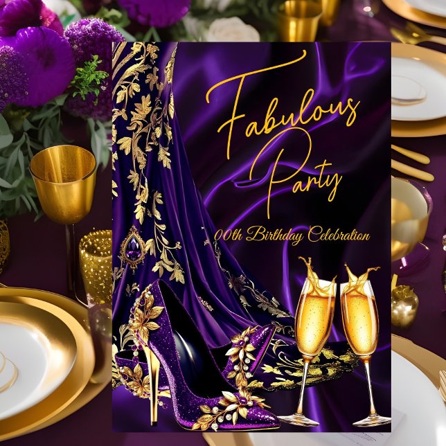 Fantastiska födelsedags lila guld klackar champagn inbjudningar (Skapare uppladdad)