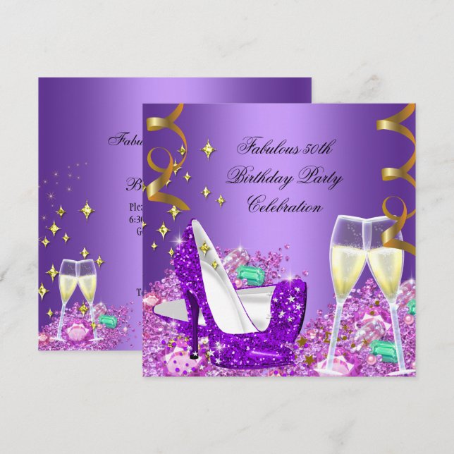 Fantastiska lila glitterklackar Champagne Inbjudningar (Fram/baksida)