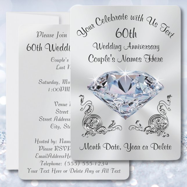 Fantastiska Personliga 60-års Diamant-inbjudningar Inbjudningar (60th wedding anniversary invitation cards or 60th wedding anniversary invitations templates. Diamond)