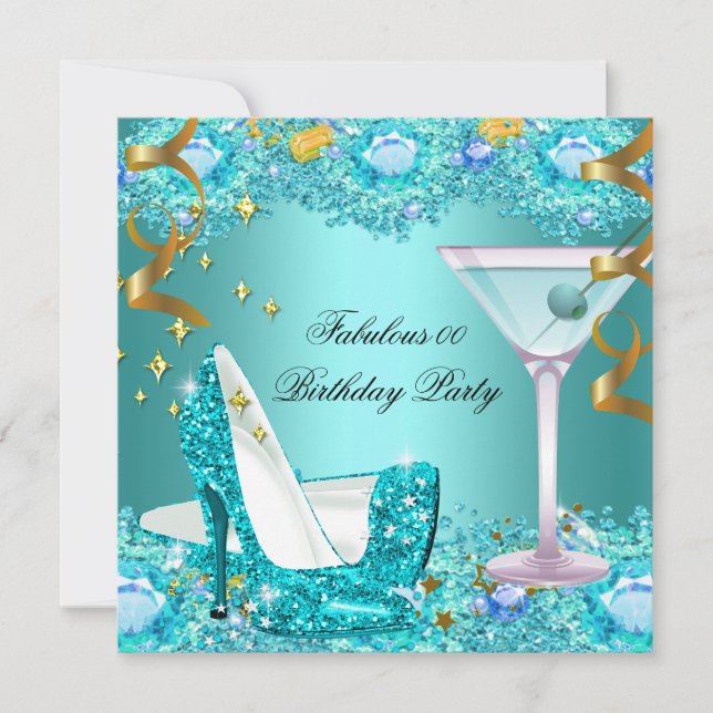 Fantastiska turkosa glitter-höga klackar Martini Inbjudningar (Framsida)