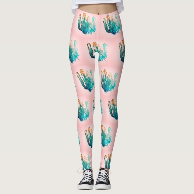 Fantastiska turkosa rosa kaktusmönstrade leggings (Framsida)