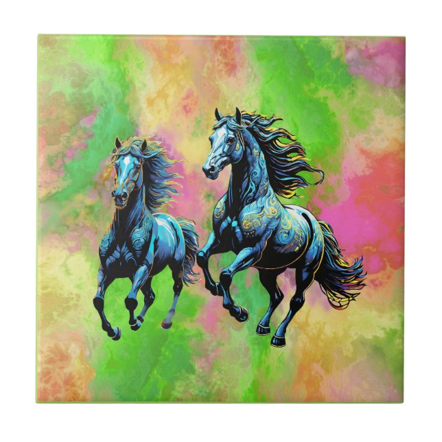 Fantastiska två Galloping Horses Kakelplatta (Framsidan)