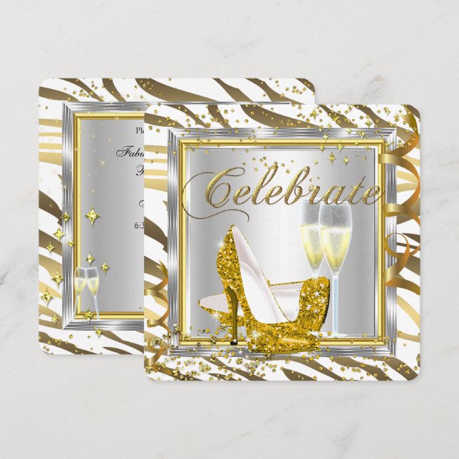 Fantastiska Zebrastreck Champagne Guld Silver Flic Inbjudningar (Fram/baksida)