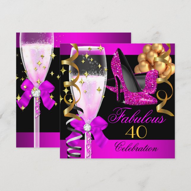 Fantastiskt 40-års Hot Pink Svart Champagne-fest Inbjudningar (Fram/baksida)