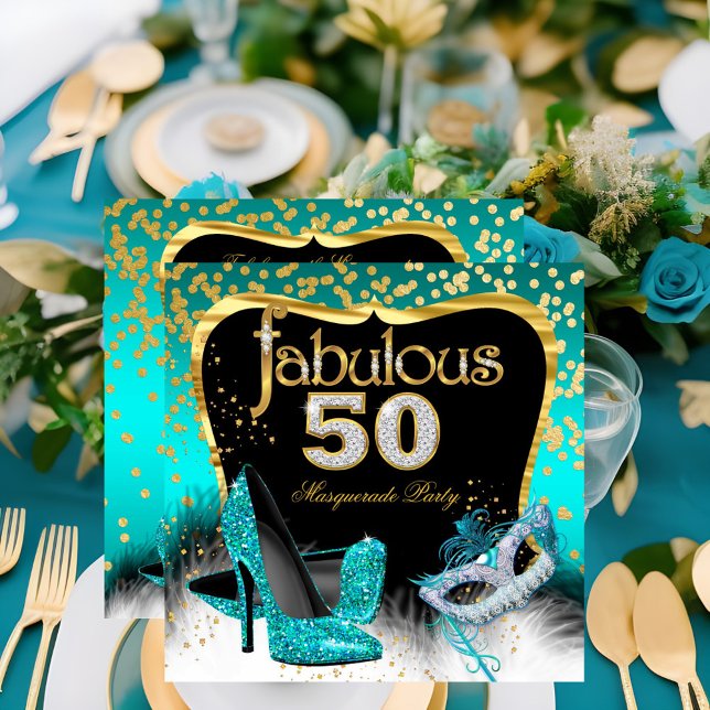 Fantastiskt 50-års Maskeradfest Teal Guld Inbjudningar (Skapare uppladdad)